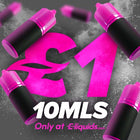 E-liquid bottles with €1 price, 10mls offer. Available exclusively at Eliquids.com. Pink and black themed promotional image.