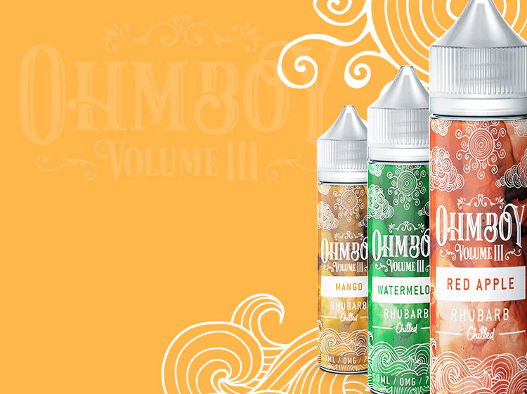 Ohm Boy e-liquid bottles in varied flavors with vibrant orange background design.