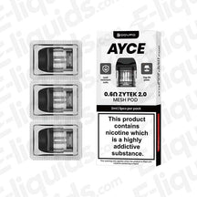 Dovpo Ayce Zytek 2.0 Mesh Pods 0.6Ohm Pack of 3 with nicotine warning label, ideal for MTL and RDL vaping styles.