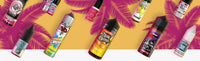 Assorted vape juice bottles with vibrant labels on a tropical-themed background.