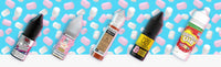 Assorted e-liquid bottles displayed against a colorful candy and marshmallow background.
