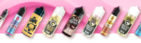 Assorted e-liquid vape juice bottles on a pink background, showcasing various flavors and vibrant packaging designs.