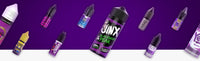 Variety of colorful e-liquid bottles on a purple background, featuring different flavors and brands including Jinx Blackberry & Pear.