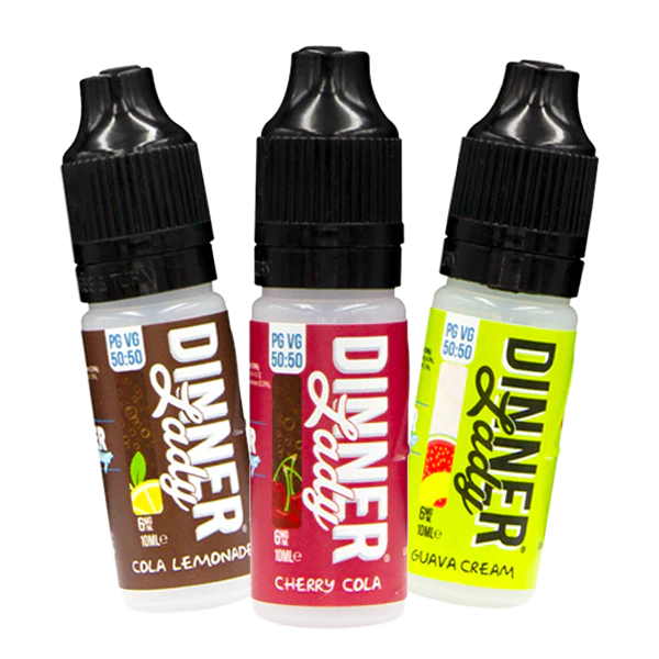 Three Dinner Lady e-liquid bottles featuring Cola Lemonade, Cherry Cola, and Guava Cream flavors with vibrant labels.