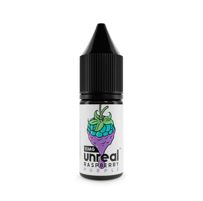 Purple Nic Salt E-liquid by Unreal Raspberry in 10mg, featuring a design of blueberries and grapes on the bottle.