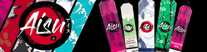 Japanese-themed Aisu vape juice packaging with vibrant designs and flavors, featuring colorful boxes and bottles against a black background.
