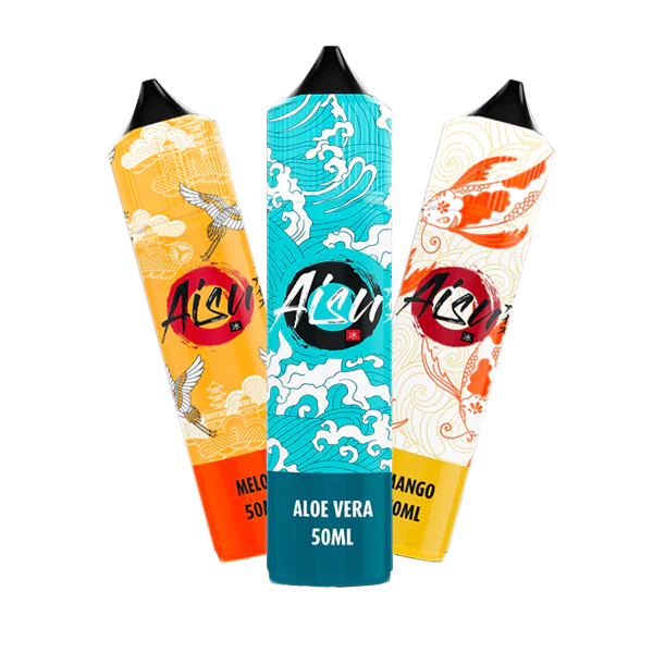 Brightly colored vape pens with flavors: Melon, Aloe Vera, and Mango, elegantly designed with oriental graphics.