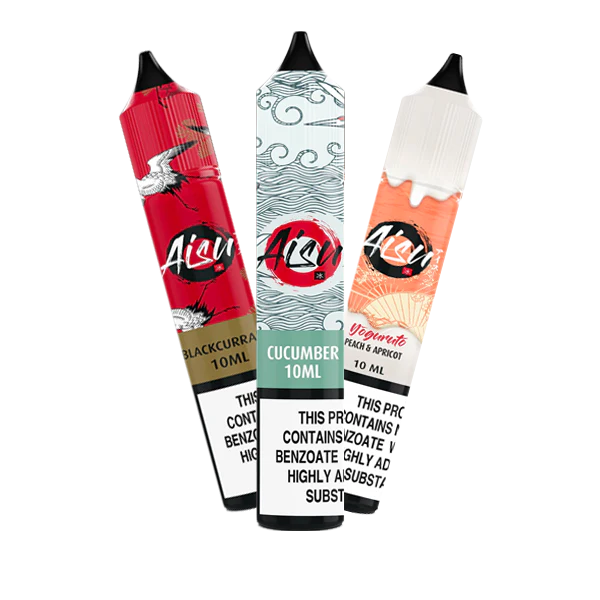 Three colorful 10ml vape juice bottles featuring blackcurrant, cucumber, and yogurt flavors together on a transparent background.
