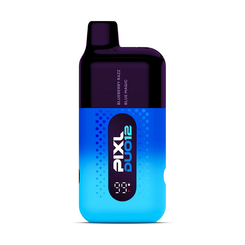 PIXL DUO12 disposable vape in blue, featuring flavors Blueberry Razz and Blue Magic. Compact design with digital display.