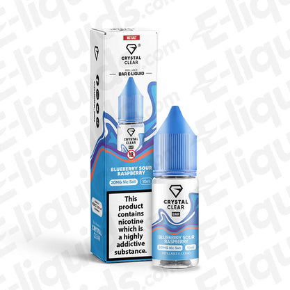 Crystal Clear Bar Blueberry Sour Raspberry nic salt 20mg in a 10ml bottle, featuring berry flavor blend.