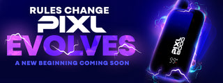 Promotional image for PIXL 8000 device with text 'Rules Change, PIXL Evolves', and 'A New Beginning Coming Soon' on electric blue background.