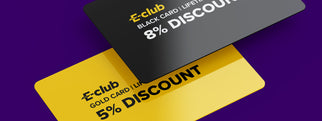 Gold and black E-club discount cards offering 5% and 8% off respectively, against a purple background.