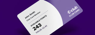 E-club membership card displaying points and value on a purple background