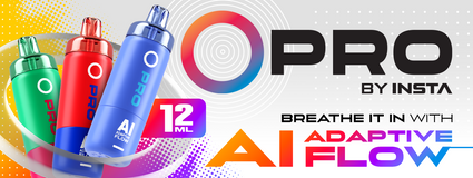 Opro by Insta vape with AI adaptive flow technology, available in 12ml capacity in green, red, and blue colors.