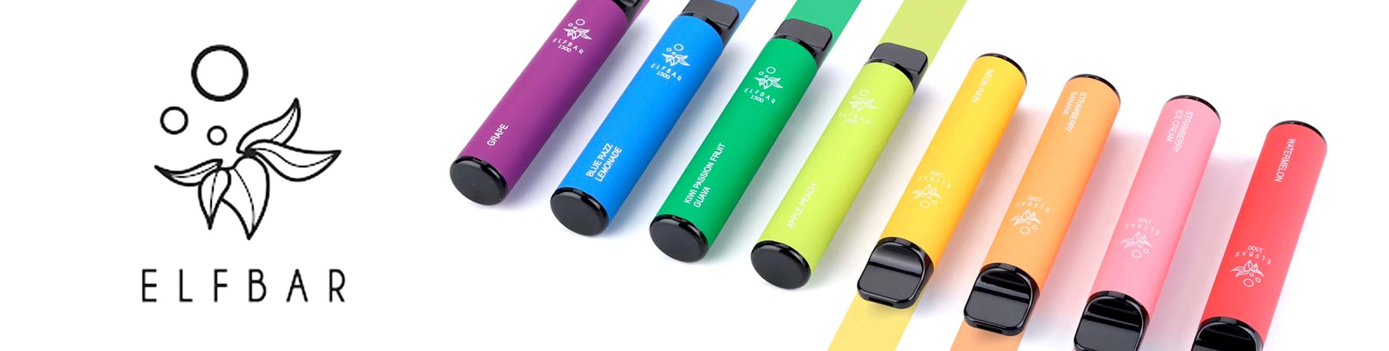 Colorful Elf Bar vapes lined up in gradient order with logo on the left.