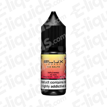 Triple Mango Nic Salt E-liquid by Elux Legend in a 10ml bottle, featuring tropical flavors and vibrant packaging.