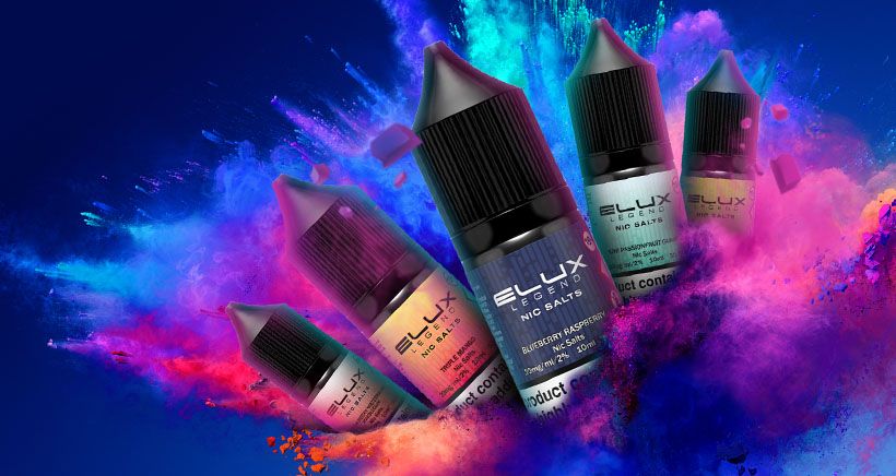 Elux Nic Salts e-liquid bottles with vibrant colorful splash background.