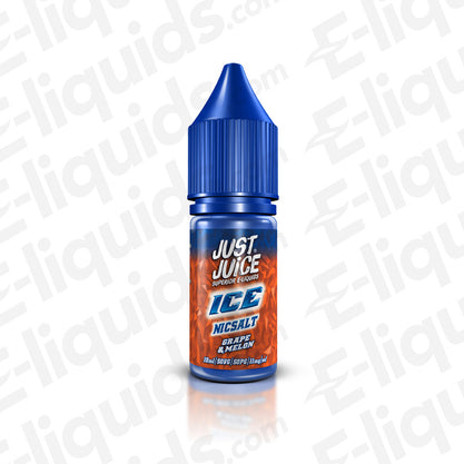 Grape Melon Ice Nic Salt E-liquid by Just Juice in a 10ml bottle, featuring flavors of grape, melon, and ice.