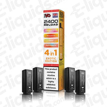 IVG 2400 4-in-1 Exotic Edition Prefilled Pods with 2400 puffs, 20mg nicotine strength, and mesh coil technology.
