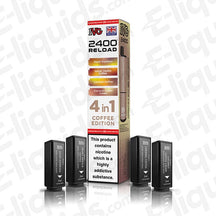 IVG 2400 4-in-1 Coffee Edition Prefilled Pods with 2400 puffs, 20mg strength, and 2ml capacity displayed alongside product box.
