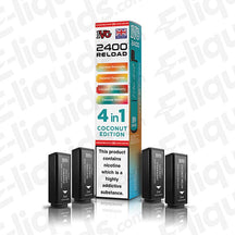 IVG 2400 Coconut Edition Prefilled Pods with 4x mesh coils, 2400 puffs, and 2ml e-liquid capacity displayed with packaging.
