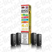 IVG 2400 Yellow Edition Prefilled Pods, 4-in-1, 2400 puffs, 20mg nicotine, mesh coil, 2ml e-liquid, 4 pack box display.