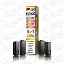 IVG 2400 4-in-1 Tobacco Edition Prefilled Pod with 4 mesh coils, 2400 puffs, 20mg strength, 2ml e-liquid capacity, nicotine warning