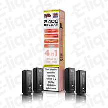 IVG 2400 Peach Edition Prefilled Pods featuring 4-in-1 flavors, mesh coils, 2400 puffs, 20mg strength, 2ml e-liquid capacity.