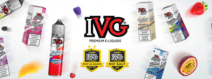 IVG premium e-liquids with various fruit flavors and award logos, showcasing best UK brand and nic salt recognition.