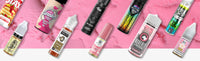 Colorful vape juice bottles displayed on a pink background, showcasing a variety of flavors and brands.