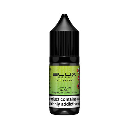 Elux Legend Lemon and Lime Nic Salt E-liquid bottle, 20mg nicotine, 50/50 VG/PG blend, refreshing citrus flavor.