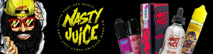 Nasty Juice e-liquid products with vibrant packaging, including various bottles and boxes, against a black background.
