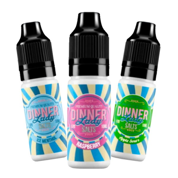 Three bottles of Dinner Lady flavored e-liquid with ice menthol, raspberry, and apple sours labels, on a white background.