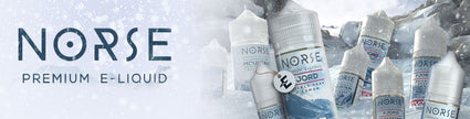 Norse Premium E-Liquid bottles displayed in a snowy mountain setting, highlighting the brand's Nordic-inspired design and flavor profile.
