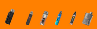Assorted vaping devices in various colors on an orange background