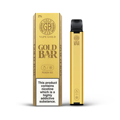 Gold Bar Peach Ice Disposable Vape Device showcasing gold packaging and sleek design, offering refreshing peach flavor.