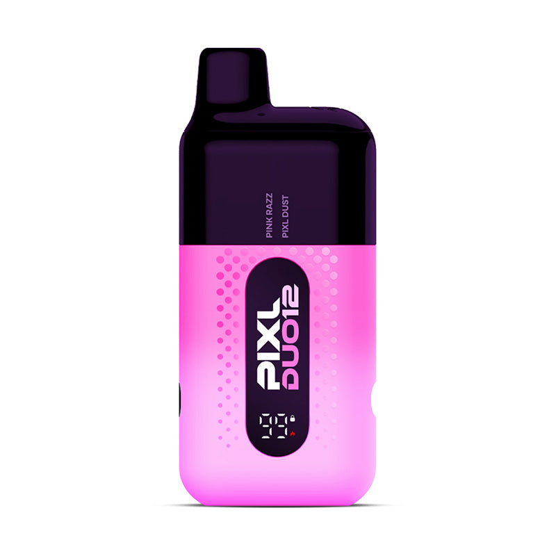 Pink PIXL Duo 12 vape device with digital display on white background.