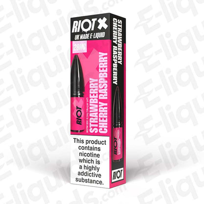 Strawberry Cherry Raspberry Nic Salt E-Liquid by Riot X 20mg in pink packaging