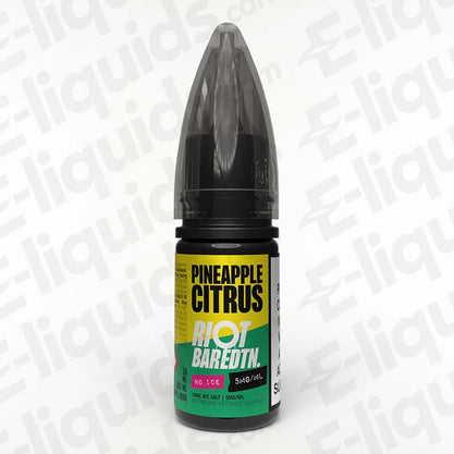 Pineapple Citrus Bar Edition No Ice Nic Salt E-liquid by Riot Squad in a 10ml bottle, showcasing vibrant branding and flavor details.