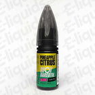 Pineapple Citrus Bar Edition No Ice Nic Salt E-liquid by Riot Squad in a 10ml bottle, showcasing vibrant branding and flavor details.