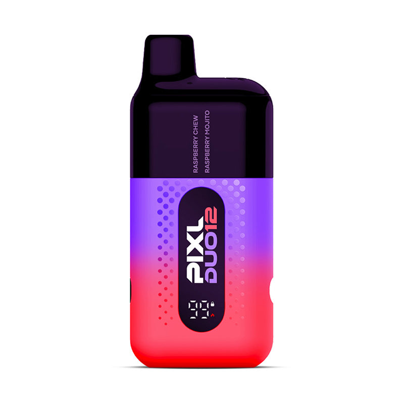 Colorful PIXL Duo12 vape device with a red and purple gradient design, featuring Raspberry Chew and Raspberry Mojito flavors.