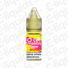 Senorita OX Passion Nic Salt E-liquid bottle by OXVA with tropical flavors of pineapple, guava, and orange, 10mg strength.