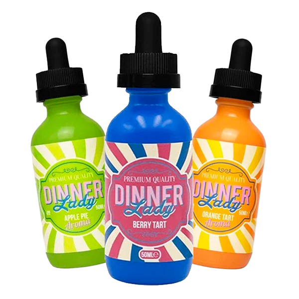 Colorful Dinner Lady vape juice bottles featuring berry tart, apple pie, and orange tart flavors, 50ml each.