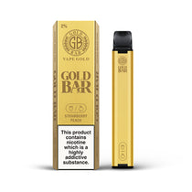 Gold Bar Strawberry Peach Disposable Vape Device with packaging, featuring sweet flavors and sleek design.