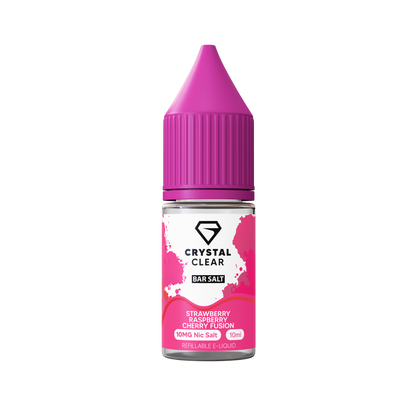 Crystal Clear Bar Salts Strawberry Raspberry Cherry Fusion Nic Salt 10mg e-liquid bottle with pink cap.