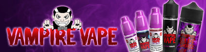 Vampire Vape bottles and logo on a purple background.