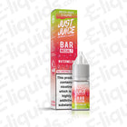 Just Juice Watermelon Bar Nic Salt E-liquid in a bottle and box, offering a juicy watermelon flavor and enhanced nicotine kick.