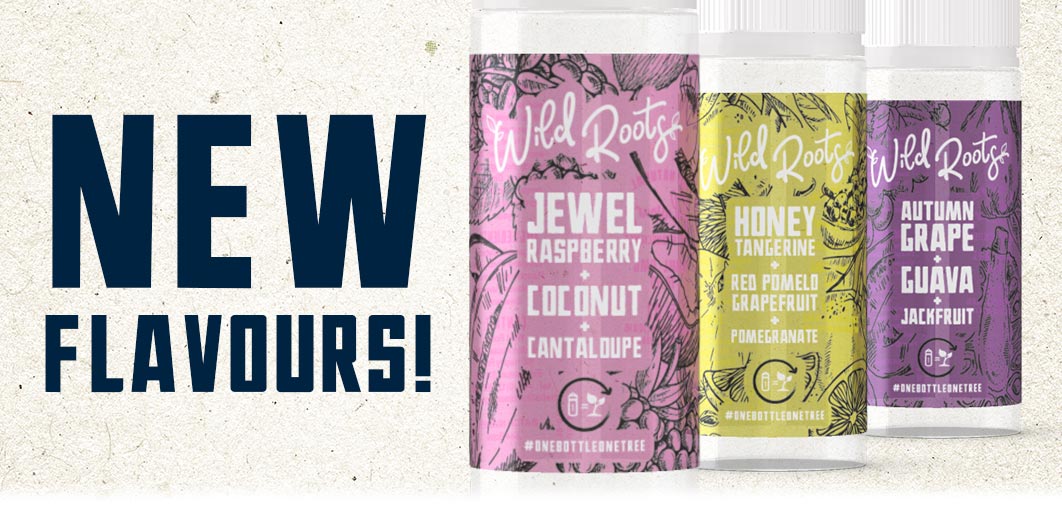 Image showcasing new Wild Roots e-liquid flavors, including Jewel Raspberry Coconut Cantaloupe and Autumn Grape Guava.