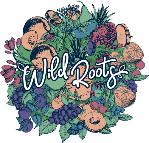 Illustration of 'Wild Roots' logo surrounded by colorful fruits and vegetables, featuring carrots, berries, oranges, and avocados.