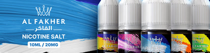 Al Fakher nicotine salt vape juice bottles in 10ml, 20mg variants with colorful designs.